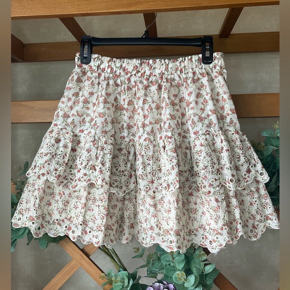 Jennifer&Grace Skirt Womens Floral Print Tiered Cotton Lace Eyelet Boho Sz M
